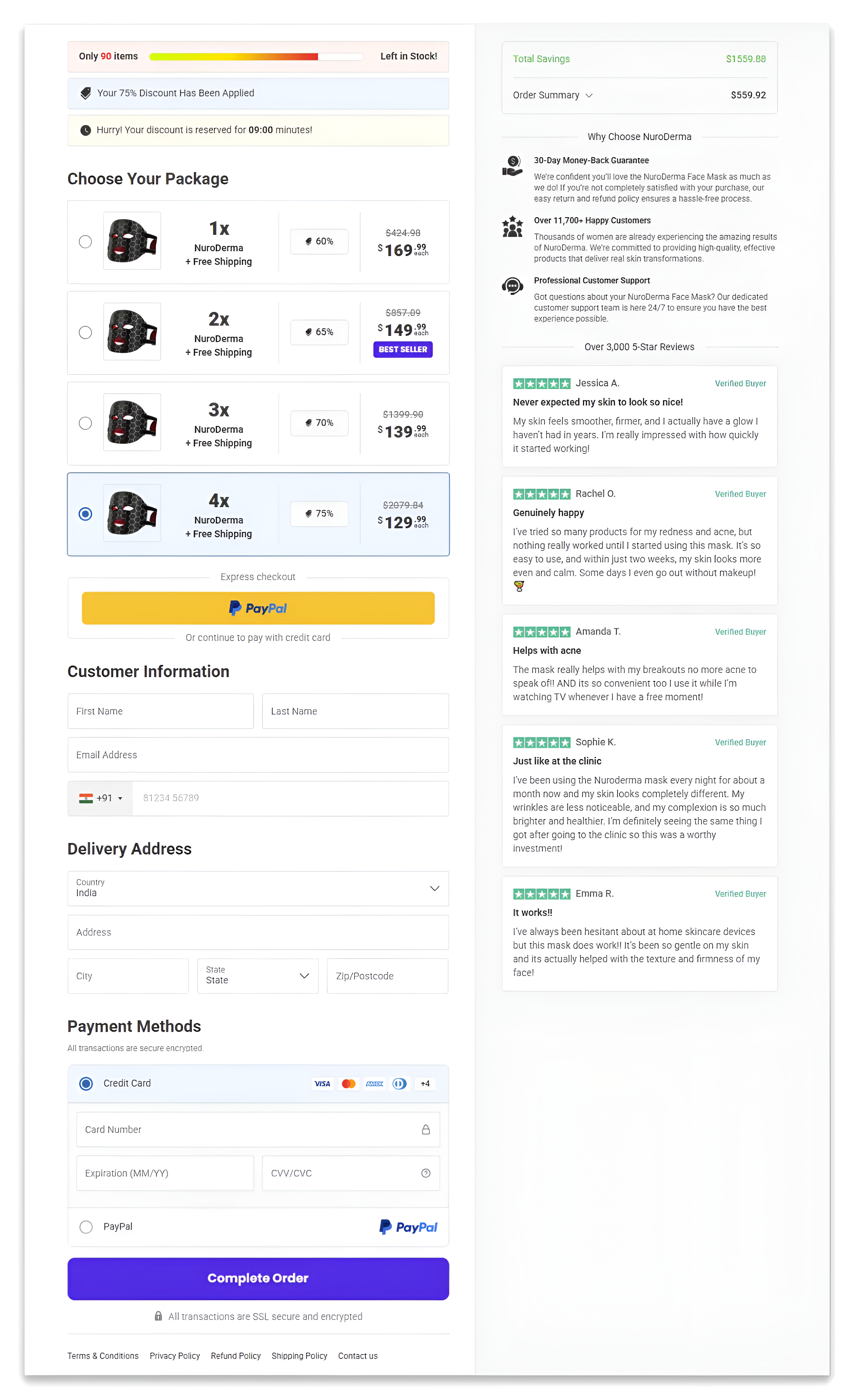 NuroDerma LED Light Mask checkout page